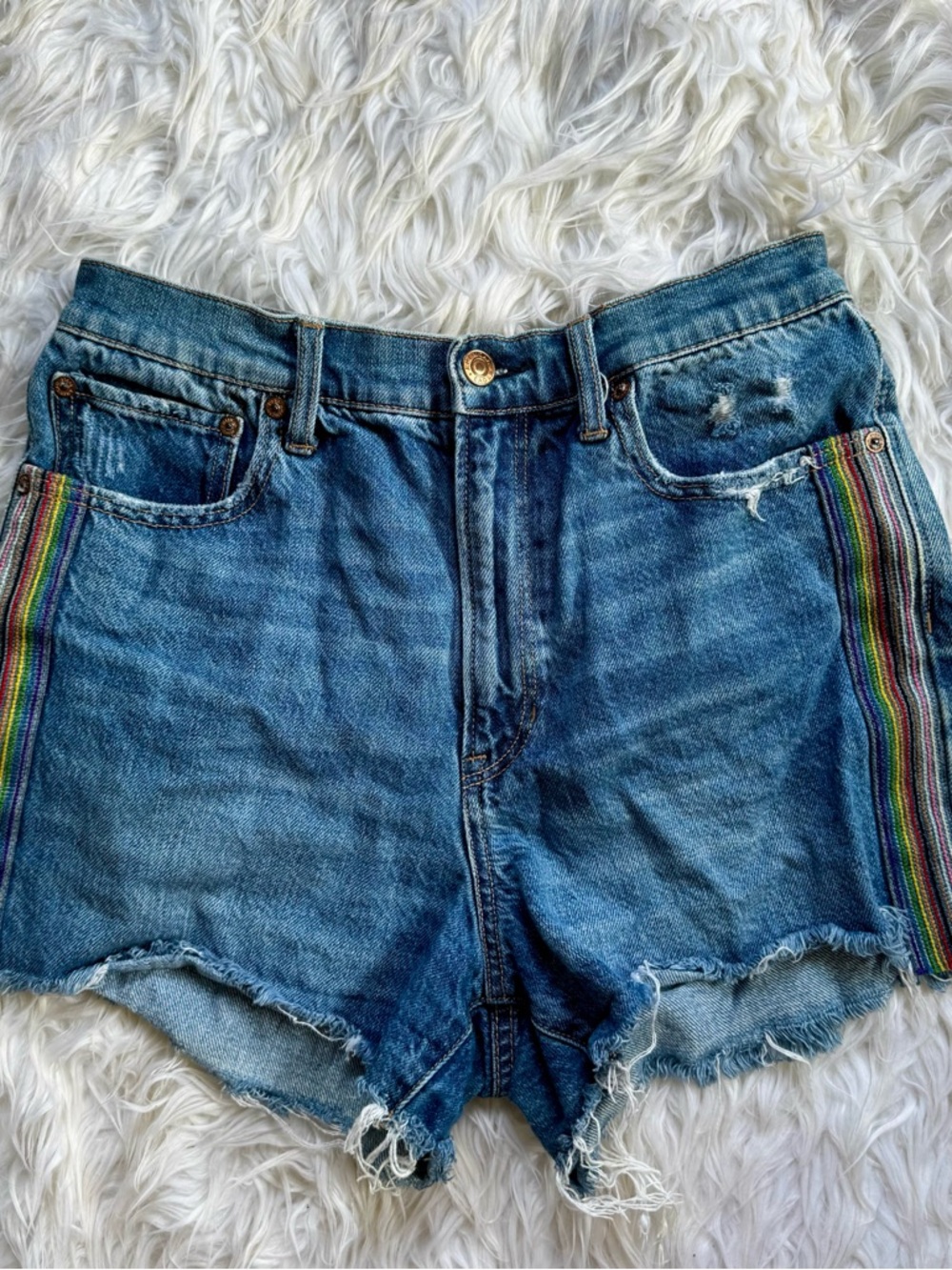 American Eagle Outfitters High-Rise Blue Denim Jeans with Rainbow Side Stripe